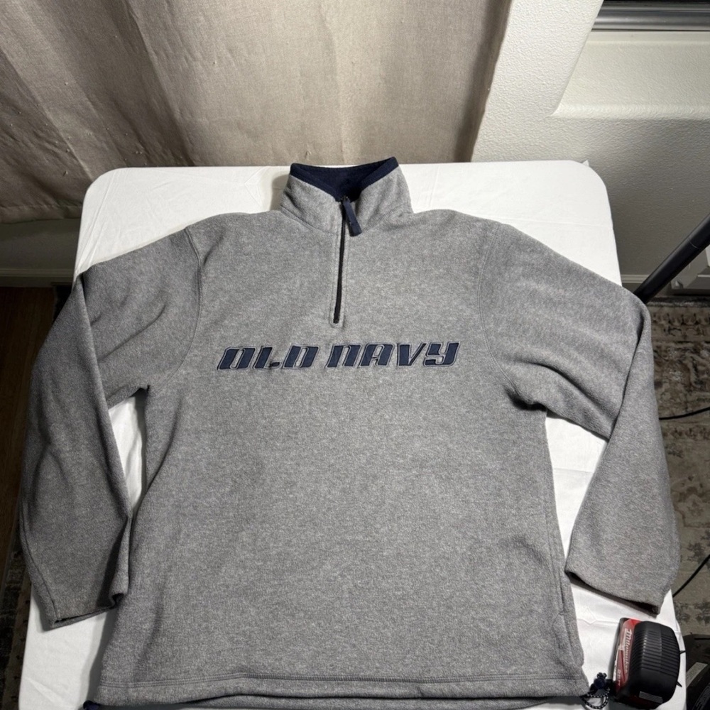 Vintage Old Navy Men SZ M Grey 1/4 Zip Spellout Pullover Fleece Sweater Jacket